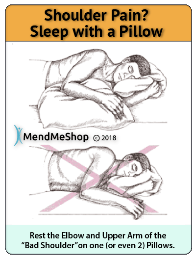 Supporting your arm with pillow during sleep to take pressure off rotator cuff and reduce pain
